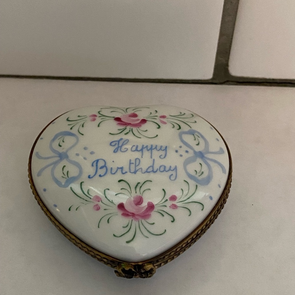 Heart-Shaped Floral Limoges Box- Happy Birthday